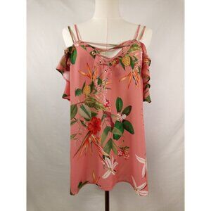 Express Women's Pink Tropical Floral Cold Shoulder Tank Top Size Large